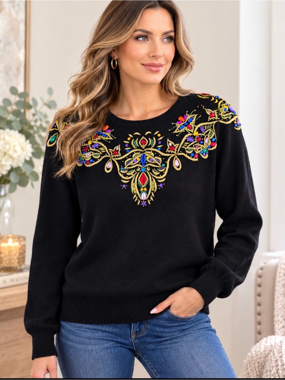 Claudia Barnes Black vintage Embroidered Jewel Yoke Sweater - Women size L
